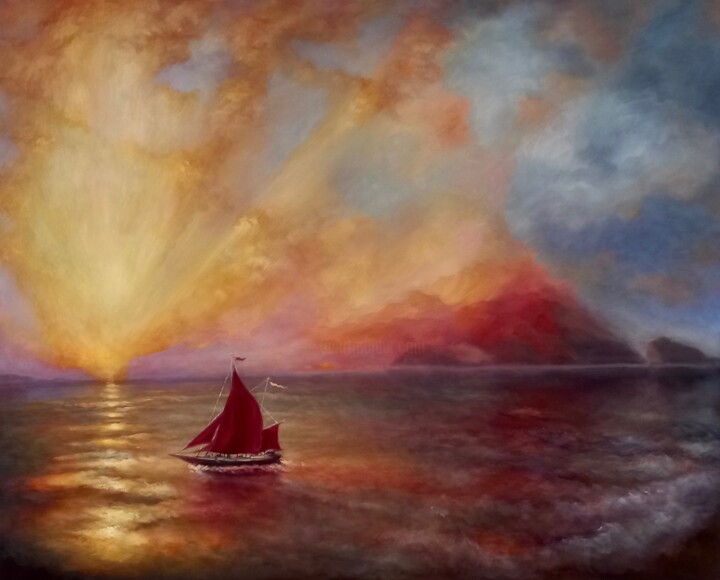 Painting titled "Voiles Rouges" by Lee Campbell, Original Artwork, Oil Mounted on Wood Stretcher frame