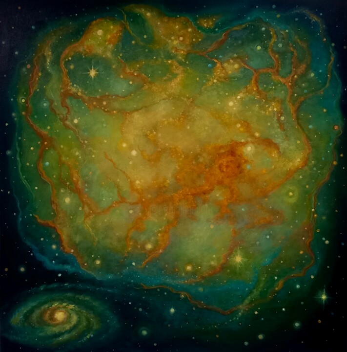 Painting titled "Nebula Emerald" by Lee Campbell, Original Artwork, Oil Mounted on Wood Stretcher frame