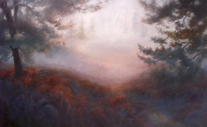 Painting titled "Misty Pines" by Lee Campbell, Original Artwork, Oil