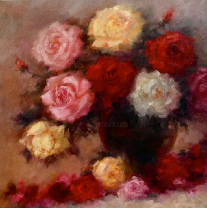 Painting titled "Winter Roses" by Lee Campbell, Original Artwork, Oil