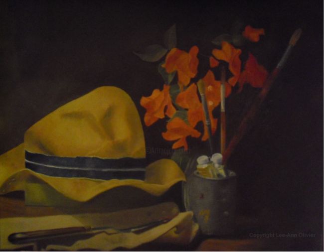 Painting titled "Still Life with Hat" by Leeann Olivier, Original Artwork, Oil