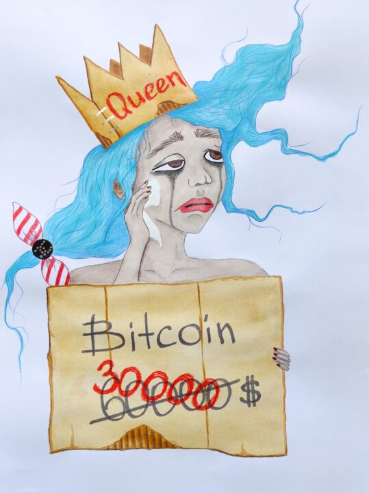 Картина под названием "CRYPTO QUEEN - Bitc…" - Leetruka, Подлинное произведение искусства, Акварель