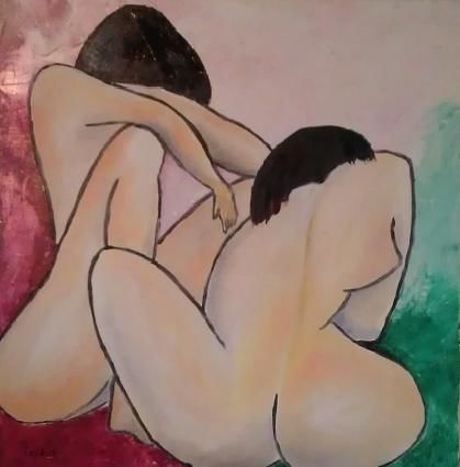 Malerei mit dem Titel "Deux femmes" von Jean Claude Lefeve, Original-Kunstwerk, Öl