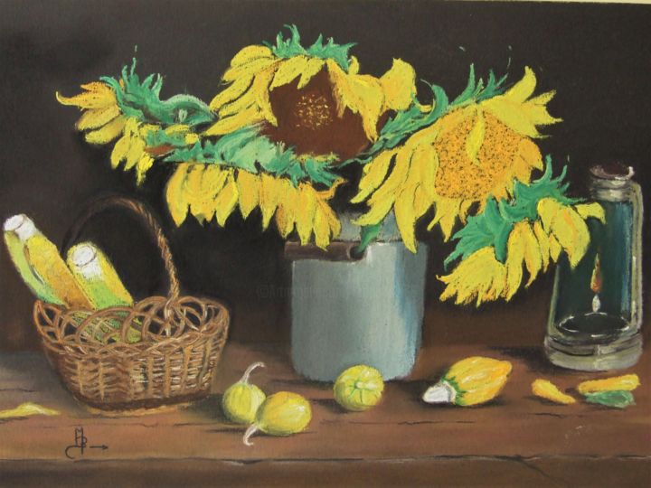 Peinture intitulée "les tournesols" par Le Fléchois, Œuvre d'art originale, Pastel Monté sur Verre