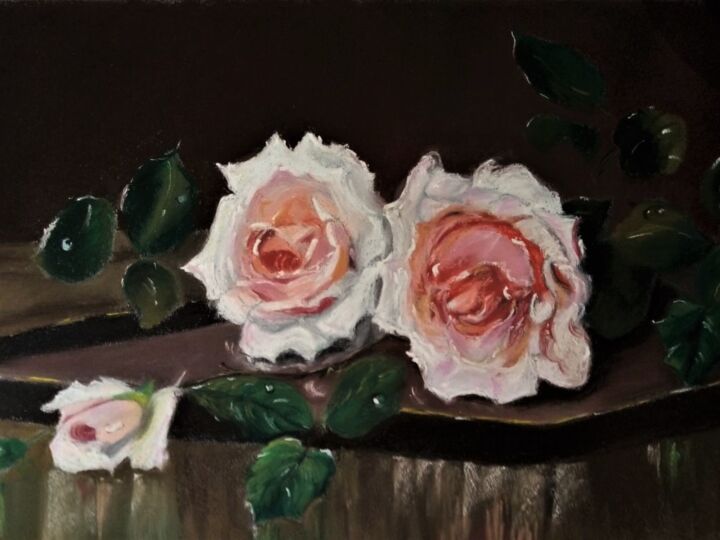 Malerei mit dem Titel "les 2 roses" von Le Fléchois, Original-Kunstwerk, Pastell Auf Keilrahmen aus Holz montiert