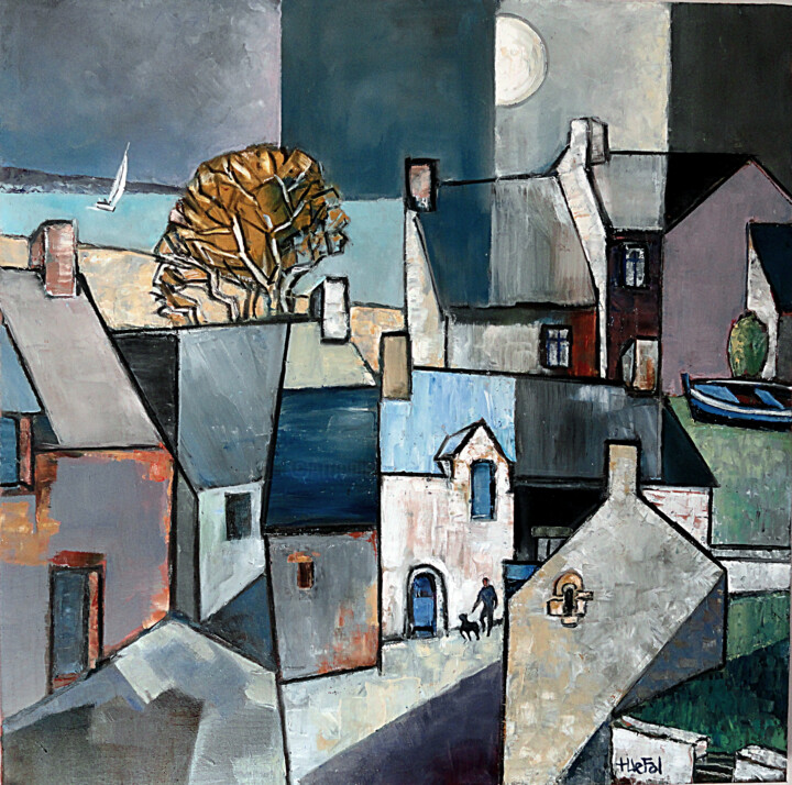 Peinture intitulée "Village côtier" par Lefolhub, Œuvre d'art originale, Huile