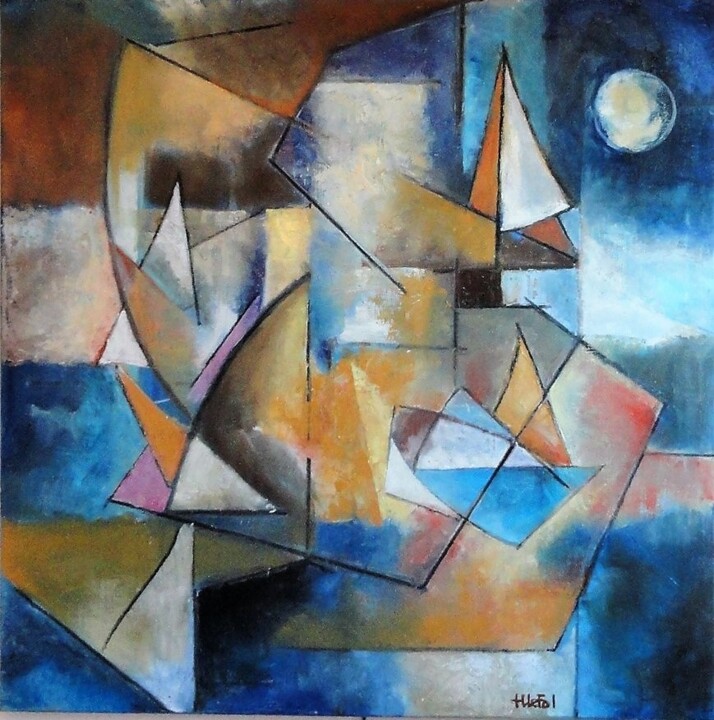 Peinture intitulée "Voiles sous la lune" par Lefolhub, Œuvre d'art originale, Huile