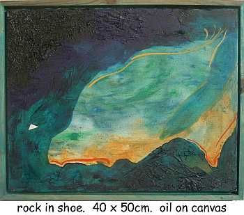 Painting titled "rock in shoe" by Left Hand Georges, Original Artwork