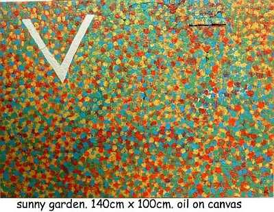 Painting titled "sunny garden" by Left Hand Georges, Original Artwork