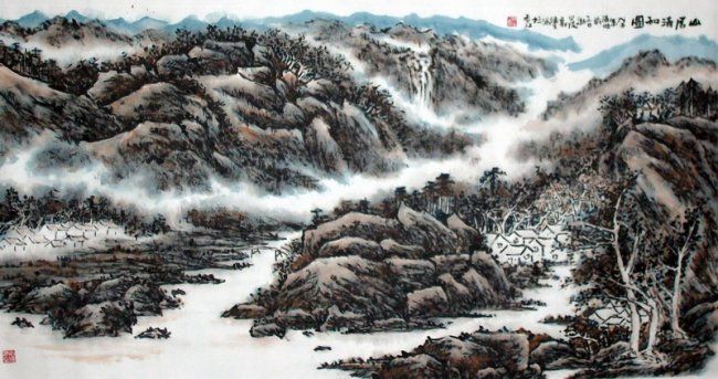 Pittura intitolato "山水" da Kin-Sang Kwok, Opera d'arte originale, Olio