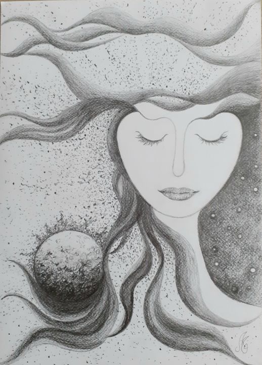 Drawing titled "Spirit-portrait-n4-…" by Murielle Léger, Original Artwork, Graphite Mounted on Wood Panel