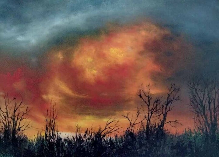 Painting titled "Incendie du soir" by Lydie Le Gléhuir, Original Artwork, Oil Mounted on Wood Panel