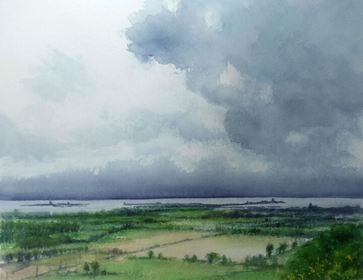 Painting titled "St Vaast depuis La…" by Lydie Le Gléhuir, Original Artwork, Watercolor