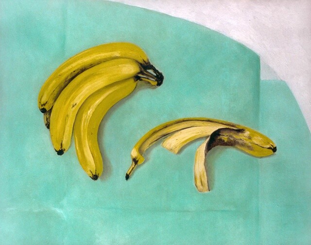 Painting titled "Bananes" by Lydie Le Gléhuir, Original Artwork, Oil Mounted on Wood Panel