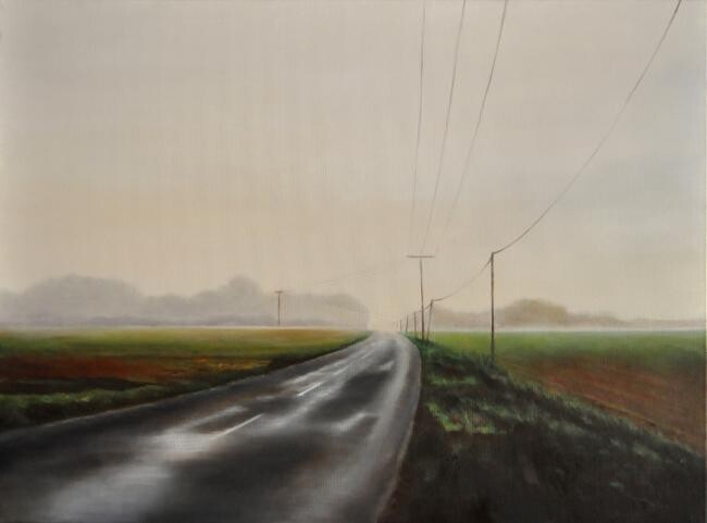 Painting titled "Route d'hiver" by Lydie Le Gléhuir, Original Artwork, Oil