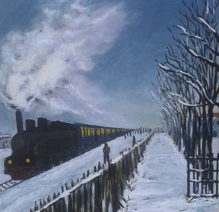 Peinture intitulée "Train d'hiver" par Bernard Legros, Œuvre d'art originale, Acrylique