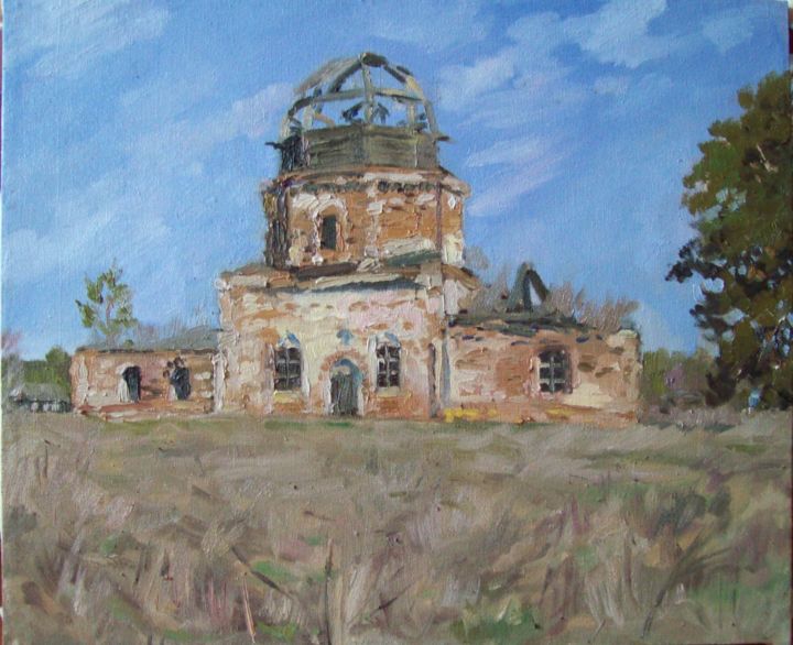 Картина под названием "Храм в с. Осока" - Алексей Адамович, Подлинное произведение искусства, Масло
