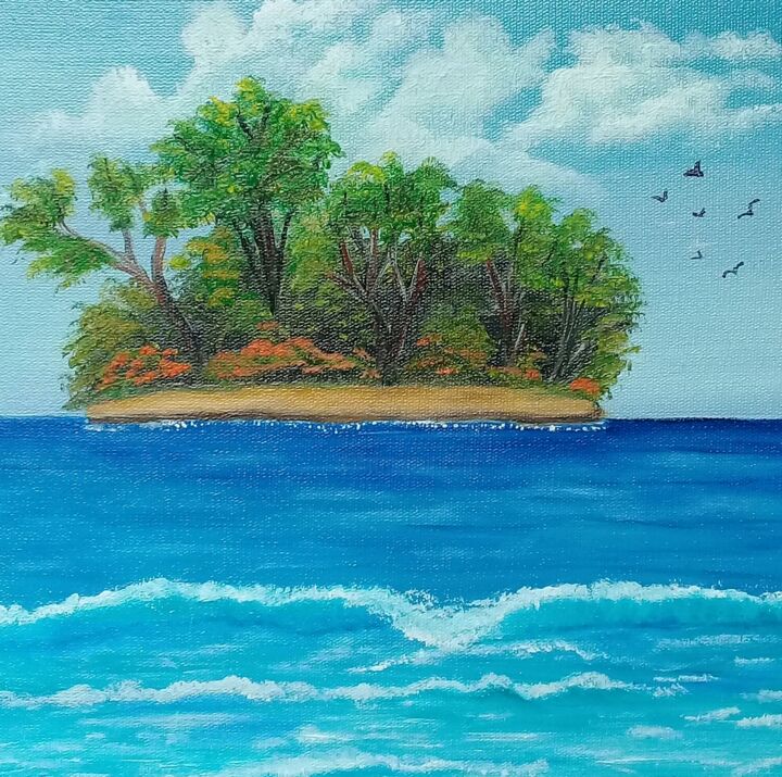 Painting titled "Ilha Tropical" by Leila Sales, Original Artwork, Oil