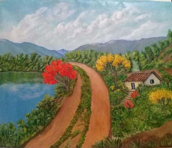 Painting titled "Paisagem com casinha" by Leila Sales, Original Artwork, Oil