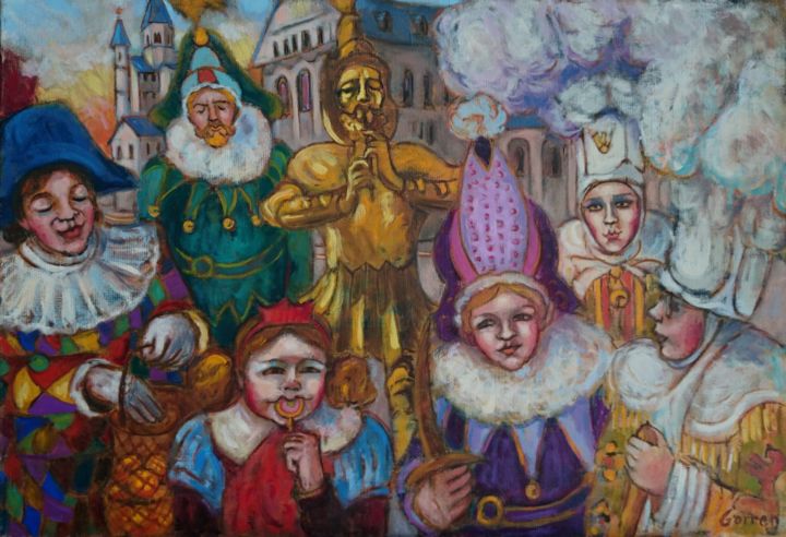 Malerei mit dem Titel "Carnaval à Nivelles" von Edith Gorren, Original-Kunstwerk, Öl