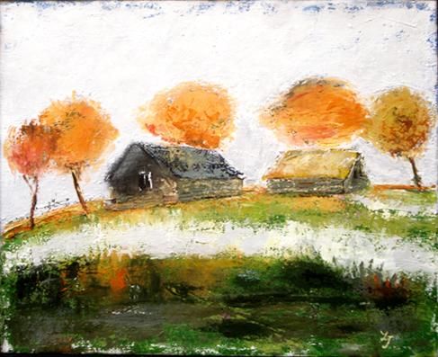 Painting titled "Village view" by Lela Jobadze, Original Artwork