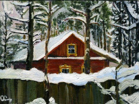 Картина под названием "Forester's cabin" - Lelia Sorokina, Подлинное произведение искусства, Масло