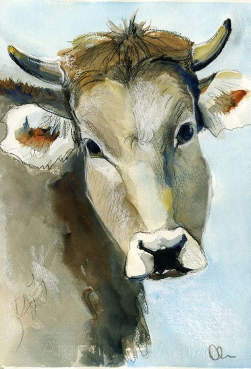 Картина под названием "Cow # 3" - Lelia Sorokina, Подлинное произведение искусства, Акварель