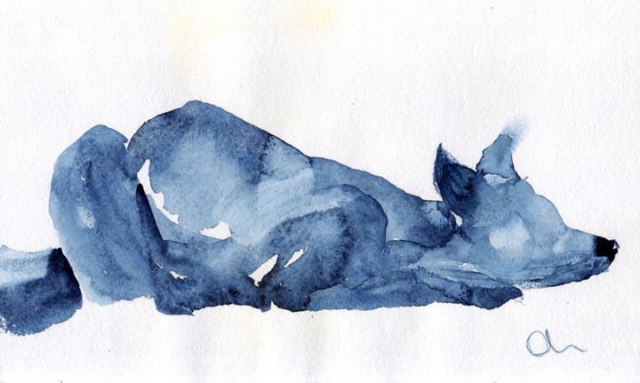 Картина под названием "Blue Fox" - Lelia Sorokina, Подлинное произведение искусства, Акварель