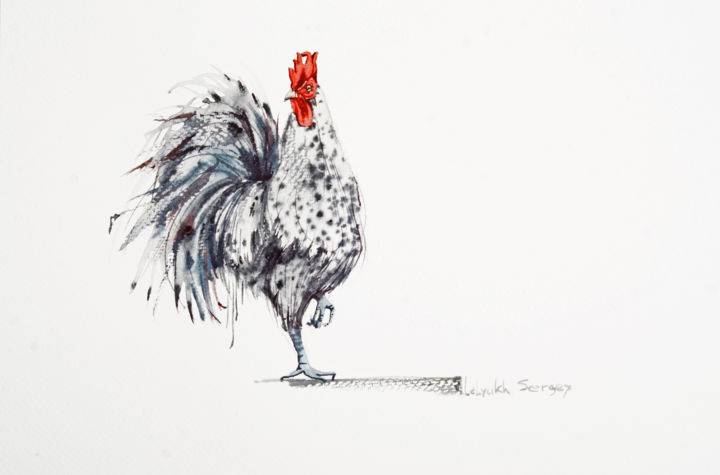 Painting titled "white-cock.jpg" by S Lelyukh, Original Artwork, Watercolor