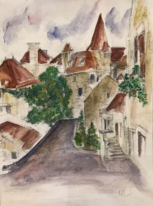 Dessin intitulée "Une ruelle fleurie" par Hasna Lemaitre (Ar & In), Œuvre d'art originale, Aquarelle Monté sur Autre panneau…