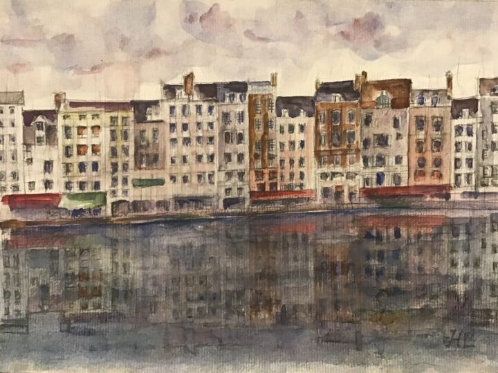 Dessin intitulée "Le charme d’Honfleur" par Hasna Lemaitre (Ar & In), Œuvre d'art originale, Aquarelle