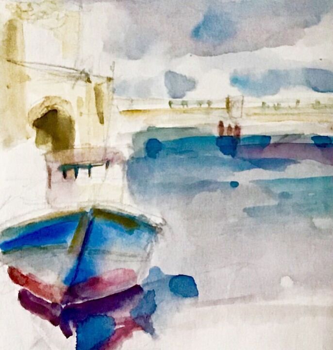 Dessin intitulée "Le port de Bizerte" par Hasna Lemaitre (Ar & In), Œuvre d'art originale, Aquarelle Monté sur Carton