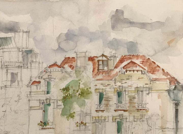 Dessin intitulée "Une maison à Montma…" par Hasna Lemaitre (Ar & In), Œuvre d'art originale, Aquarelle