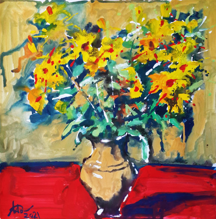 Картина под названием "Желтый букет" - Monika Lemeshonok, Подлинное произведение искусства, Гуашь