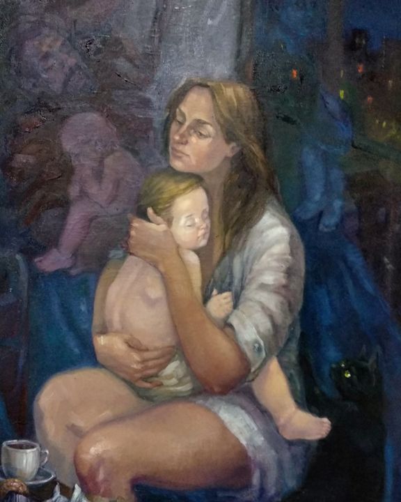Malerei mit dem Titel "Зубки режутся..." von Lena Boyarovskaya, Original-Kunstwerk, Öl