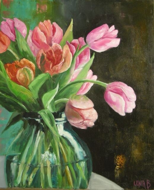Painting titled "tulipes roses" by Lena Bregeon, Original Artwork, Oil