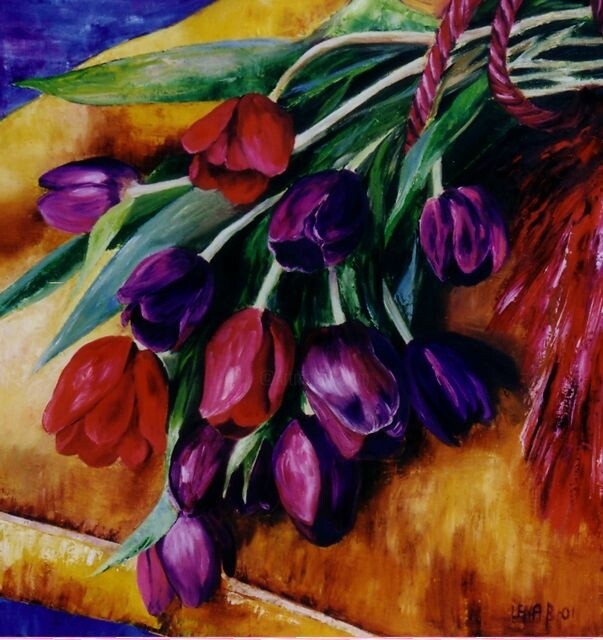 Painting titled "tulipes sur chaise…" by Lena Bregeon, Original Artwork, Oil