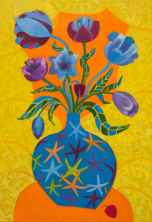 Картина под названием "Букет тюльпанов с к…" - Lena Garabova, Подлинное произведение искусства, Масло