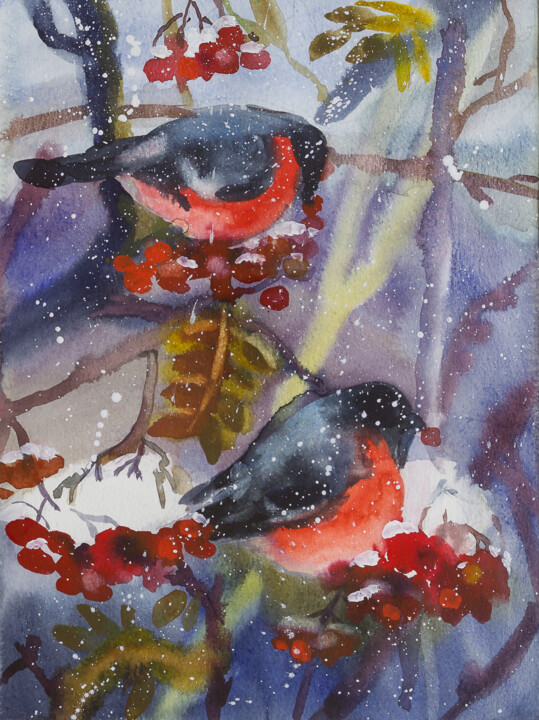 Картина под названием "Снегири" - Lena Garabova, Подлинное произведение искусства, Акварель