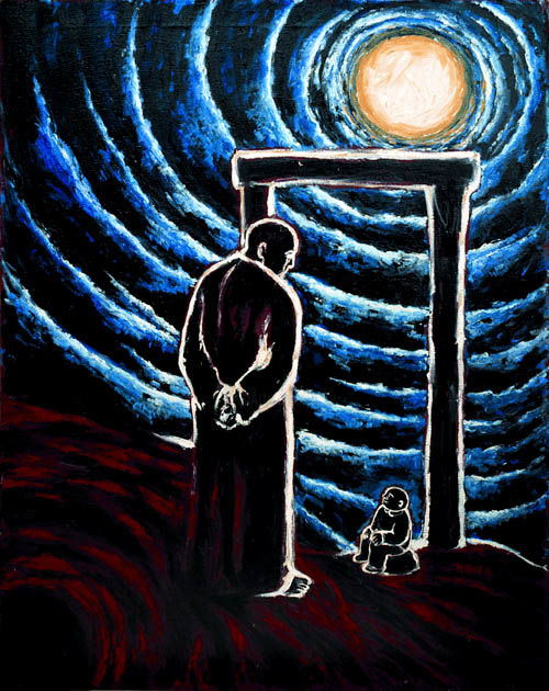 Painting titled "Zaratustra and Dwarf" by Lena Hades, Original Artwork, Oil Mounted on Wood Stretcher frame