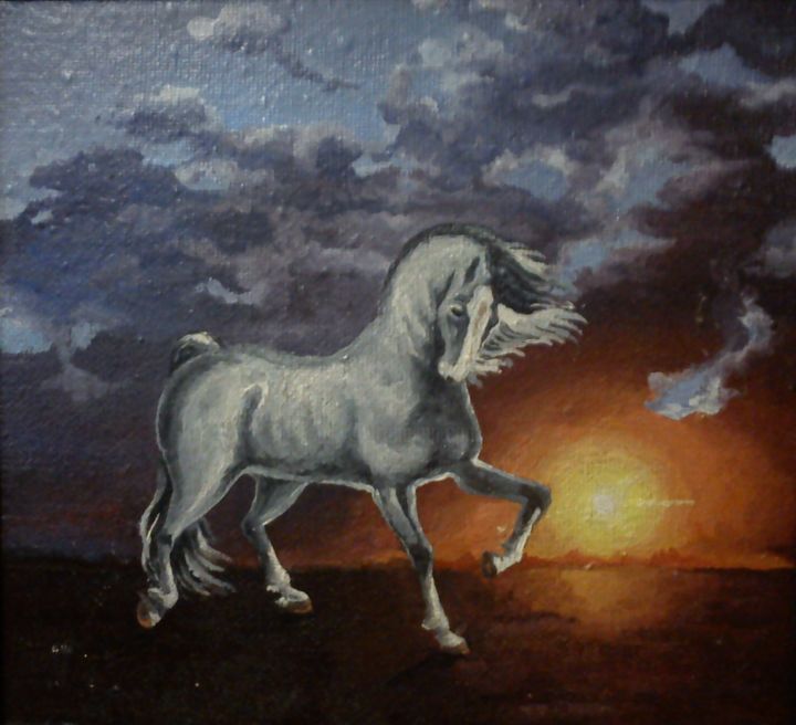 Картина под названием "Лошадь на фоне зака…" - Елена Крутых, Подлинное произведение искусства, Масло