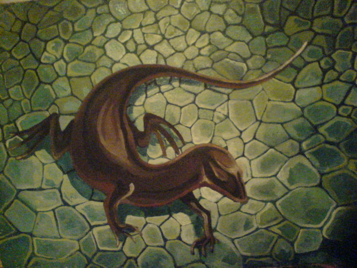 Картина под названием "Ящерка на мостовой" - Елена Крутых, Подлинное произведение искусства, Масло