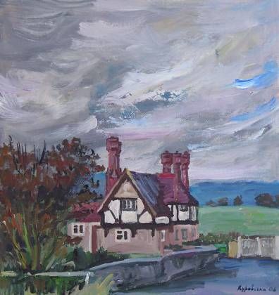 Malarstwo zatytułowany „Cottage, Surrey” autorstwa Lena Kurovska, Oryginalna praca, Olej