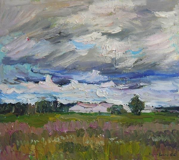 Картина под названием "Landscape with Farm…" - Lena Kurovska, Подлинное произведение искусства