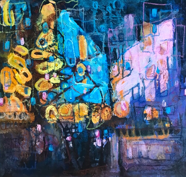 Картина под названием "Ночь улица фонарь" - Елена Надточиева, Подлинное произведение искусства, Акрил