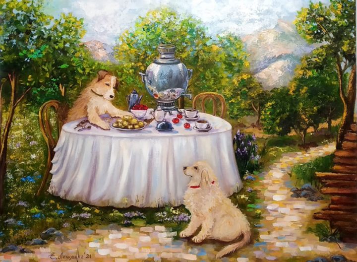 Картина под названием "Завтрак в саду" - Elena Leshchenko, Подлинное произведение искусства, Масло