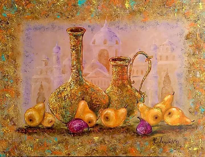 Картина под названием "Грушки из ханского…" - Elena Leshchenko, Подлинное произведение искусства, Масло