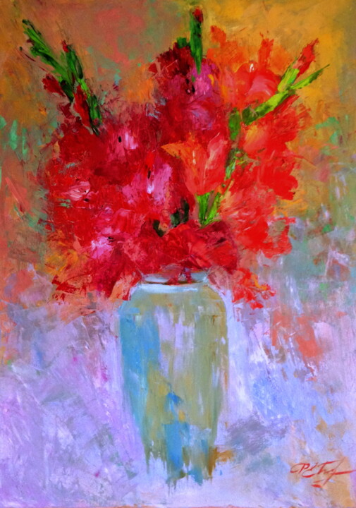 Картина под названием "Vase with Gladioli" - Lena Ru, Подлинное произведение искусства, Масло