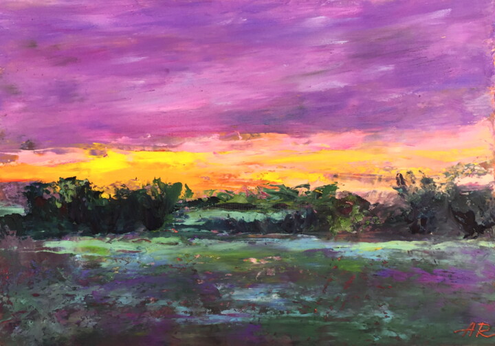 Drawing titled "Purple evening" by Lena Ru, Original Artwork, Pastel