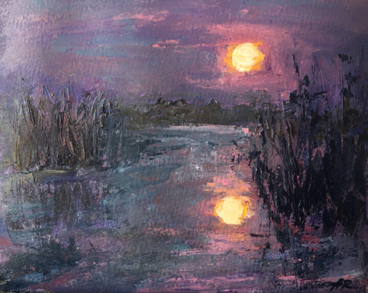 Pittura intitolato "Night at the Lake" da Lena Ru, Opera d'arte originale, Acrilico
